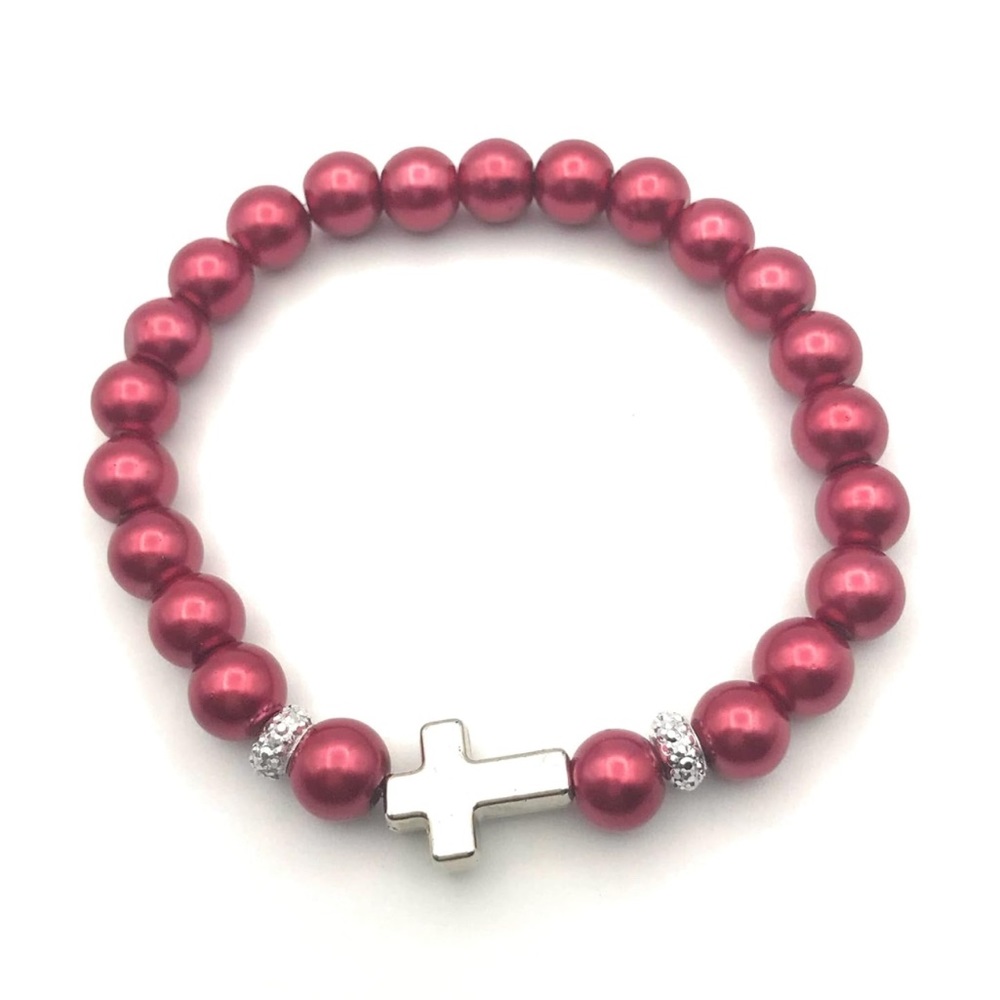 Red Faux Pearl Side Cross Stretch Bracelet